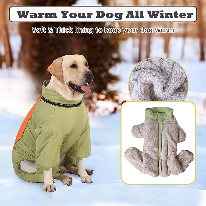 Four-Legged Thick Coat for Dogs, Zip Up Windproof Warm Winter Jacket, Reflective Waterproof Dog Snowsuit with Leash Ring, LightGreen,20