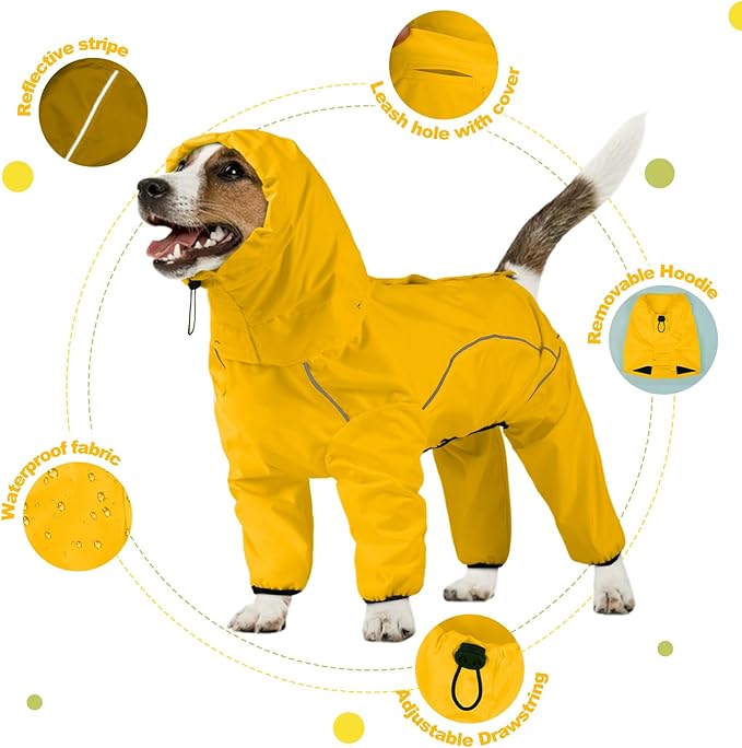 Dog Raincoat, Waterproof Dog Rain Jacket with Removable Hood，Adjustable 4 Legs Pet Poncho with Leash Hole，Reflective Stripe Hooded Snowproof Windproof Clothes for Small to 3X-Large Dogs, M