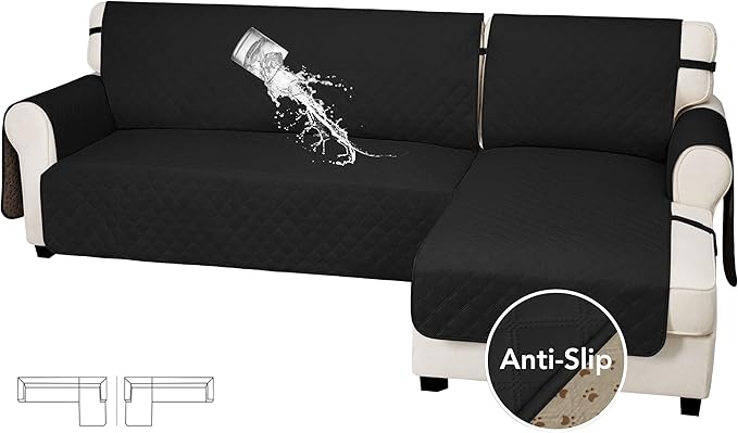Easy-Going Waterproof Sectional Couch Covers with Chaise 2-Piece Non Slip L Shape Sofa Cover for Dogs Leakproof Furniture Protector Cover with Adjustable Strap for Pets (X-Large, Black)