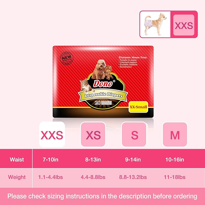 Dono Disposable Pet Diapers for Female Dogs Super Absorbent Soft Heating and Pee Puppy Diapers Female Liners, Including 20pcs XXS Diapers for Dogs and Cats