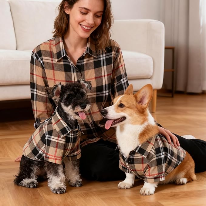 KOOLTAIL Dog Shirt,Cotton Beige Plaid Pet Shirts,Cute Dog Apparel Clothes Suitable for All Seasons, Comfortable Dogs T-Shirt for Small Medium Large Dogs Cats, Pet Outfit Costume,L