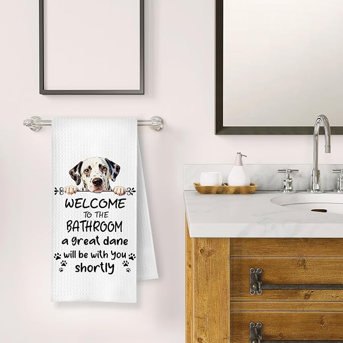 Funny Great Dane Dog Bathroom Hand Towels, Great Dane Gifts for Women Men, Welcome to The Bathroom Decorative Hand Towels for Bath Room Toilet Washroom Restroom, 16x24 Inch