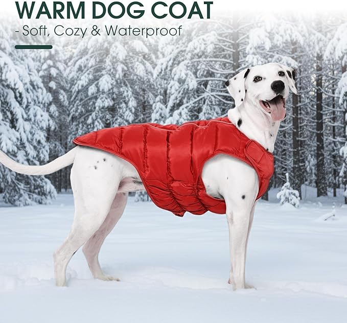 Kuoser Dog Puffer Jacket Warm Dog Coat for Extra Large Dogs, Windproof Reflective Pet Padded Vest Cold Weather Clothes Puppy Snowsuit with Hook & Loop Coats for Great Dane, Easy On/Off, Red 3XL