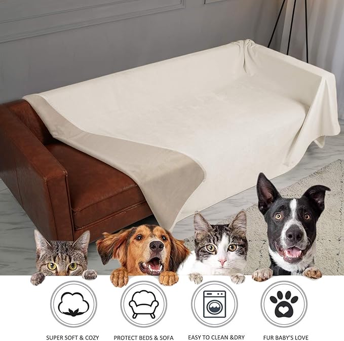 Ameritex Pet Bed Blanket Reversible 100% Waterproof Velvet Super Soft for Sofa and Bed (52x82 Inches, Cream+Beige)