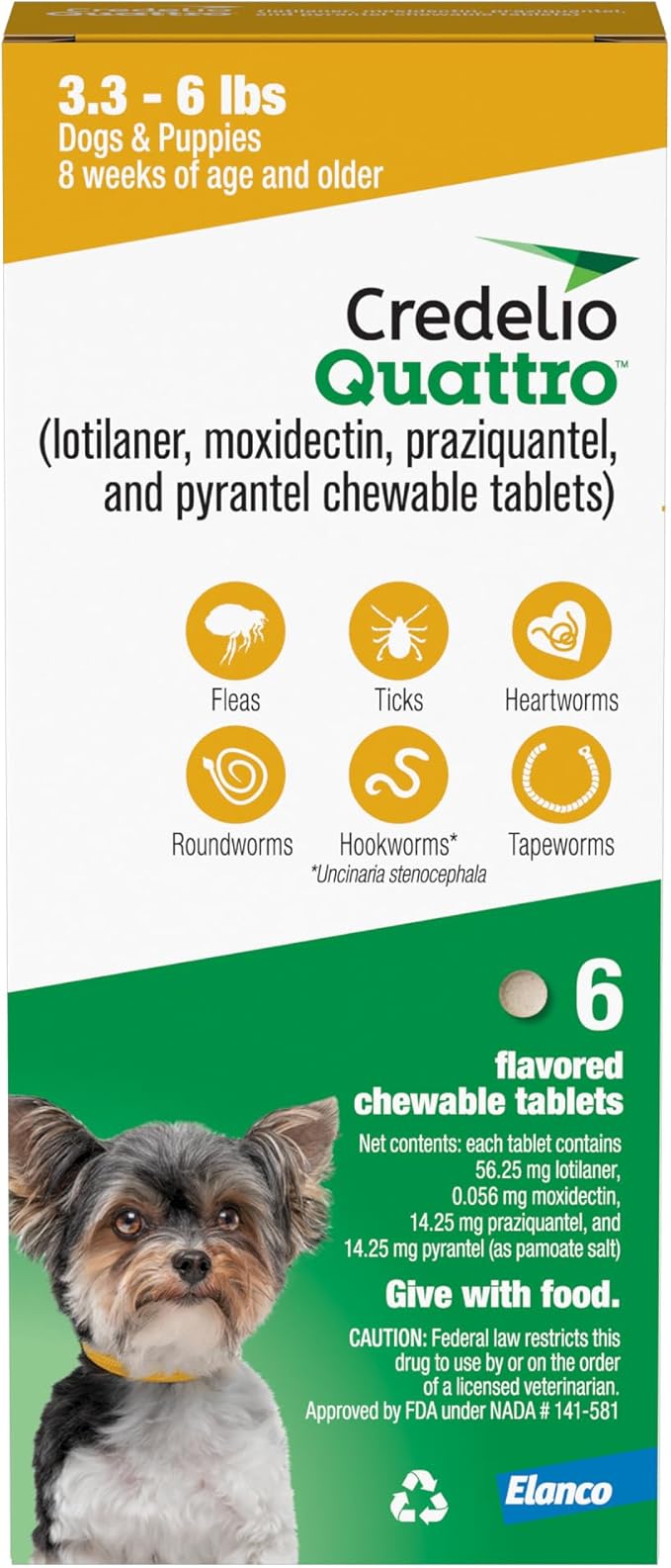 Credelio Quattro Dog Flea & Tick Treatment + Heartworm & Parasite Protection, 3.3-6 lbs (6 Chewable Tablets)