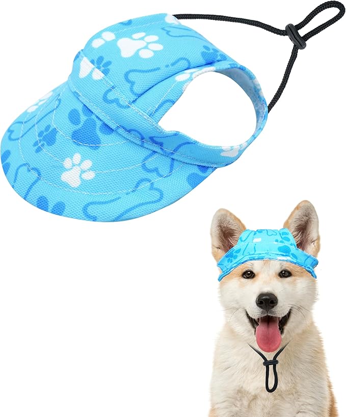 PET SHOW Dog Baseball Cap Paw Print Dog Visors for Medium Large Dogs Waterproof Pet Sun Hats with Ear Holes Adjustable Drawstring Boy Puppy Hat - Blue/L