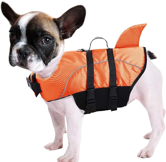 Queenmore Ripstop Dog Life Jacket Shark Life Vest for Dogs, Safety Lifesaver with High Buoyancy and Lift Handle for Small and Medium Breeds（Orange L）