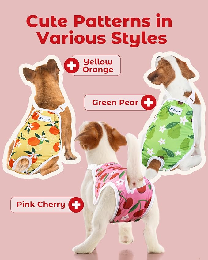 Pet Soft Dog Diapers Female Onesie Sanitary Pantie with Adjustable Suspender, Colorful Pattern Washable Puppy Diapers Female, Super Absorbent Underwear Dog Diapers for Heat (Fruit, Mini-Small)