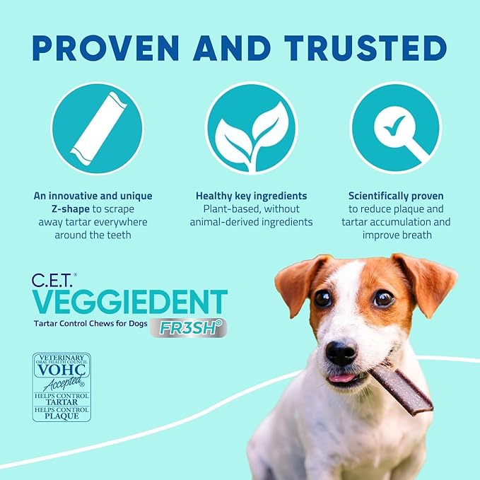 Virbac C.E.T. VEGGIEDENT FR3SH Tartar Control Chews for Dogs with digestive health support, VOHC Approved, Small 11-22lbs