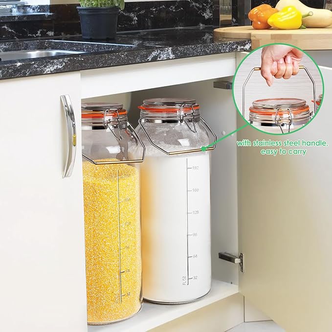 2 Gallon Glass Jar with Airtight Lid(7600ML), Gallon Airtight Glass Storage Jar with Stainless Steel Handle - Large Glass Food Storage Container with Lid Flour, Sugar, and Dog Treats
