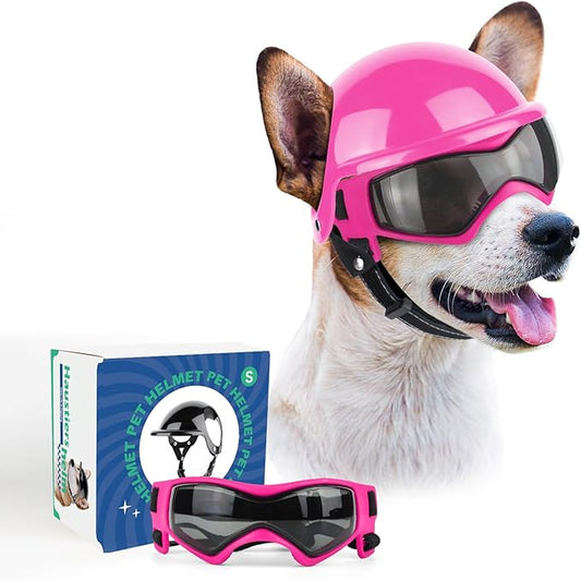 PETLESO Small Dog Goggles with Helmet, 2PCS Pet Sunglasses and Dog Motorcycle Helmet with Ear Holes, Small Medium Breed Outdoor Driving Walking Biking Protection, All Pink