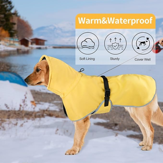 DELIFUR Large Dog Raincoat Waterproof - Adjustable Dog Poncho Raincoat Lightweight Rain Jacket with Soft Lining for Medium Large Dog Yellow (Large)