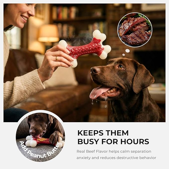 Tough Dog Toys for Aggressive Chewers Large Breed - 8'' Beef Flavor Indestructible Nylon Dog Chew Toys for Large Dogs, Heavy Duty Dog Bone Keep Busy, Teething Dental Care Toy Dog Birthday Gift