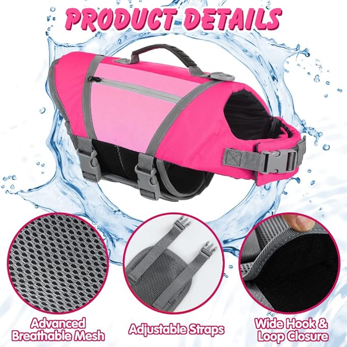 EMUST Dog Life Vests, Lightweight Dog Floating Vest with Durable Rescue Handle Quick-Release Buckles, Adjustable Pet Lifejacket with Pockets for Bulldogs, Dachshunds, Corgis, Pink, XXL