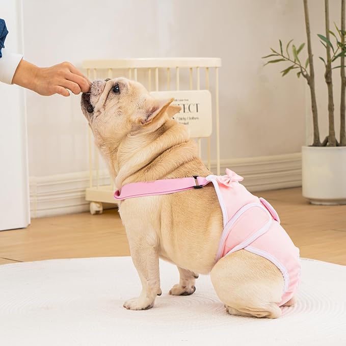 Avont 3 Pack Frenchie Dog Diapers Female, Washable Reusable Girl Doggie Pants for Period Heat Cycle, Full Body Cover Onesie with Adjustable Straps -Pink/Purple/Blue M