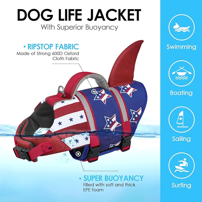 AOFITEE Dog Life Jacket, Dog Life Vest for Swimming, Reflective Puppy Safety Vest with Superior Buoyancy and Rescue Handle, Adjustable Dogs Swimsuit Float Coat for Small Dogs, USA Flag XS