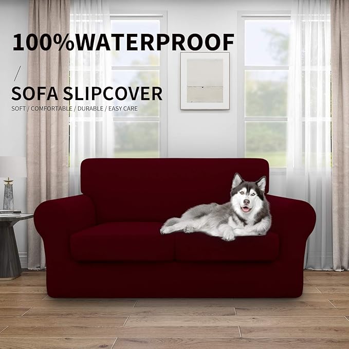 Easy-Going 100% Dual Waterproof 3 Pieces Loveseat Cover Stretch Soft Couch Cover for Dogs, Sofa Slipcover for 2 Separate Cushion Couch Leakproof Furniture Protector for Kids, Pets Wine