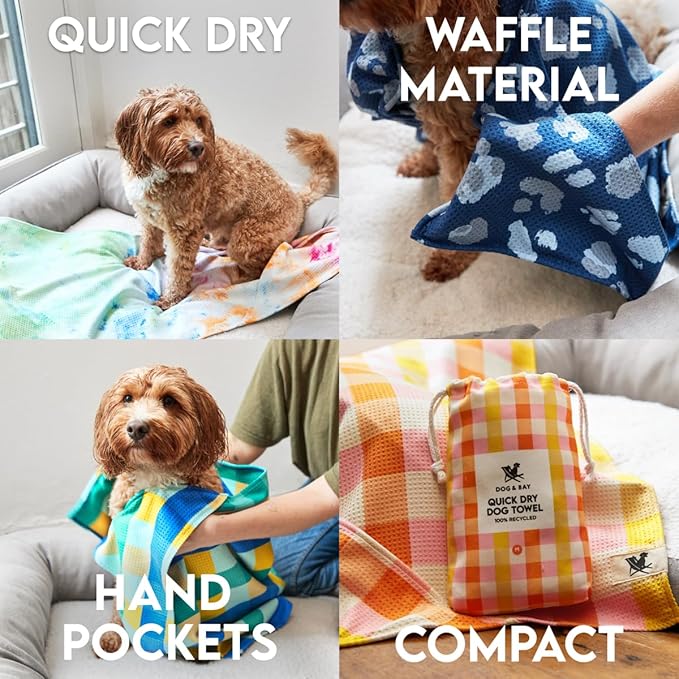 Dock & Bay Pet Towel - Super Absorbent & Quick Drying Dog Towels with Bag - 100% Recycled - Puppy Plaid, Medium (90x50cm, 35x19)