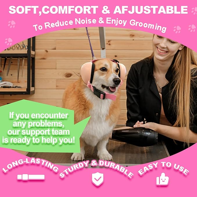 PROHEAR Dog Ear Muffs Hearing Protection for Dogs, NRR 28dB Noise Cancelling Headphones, Easy to Adjust Dog Hearing Protection Earmuffs for Thunder, Hunting, Tourism, Cars, Racing, Large, Pink