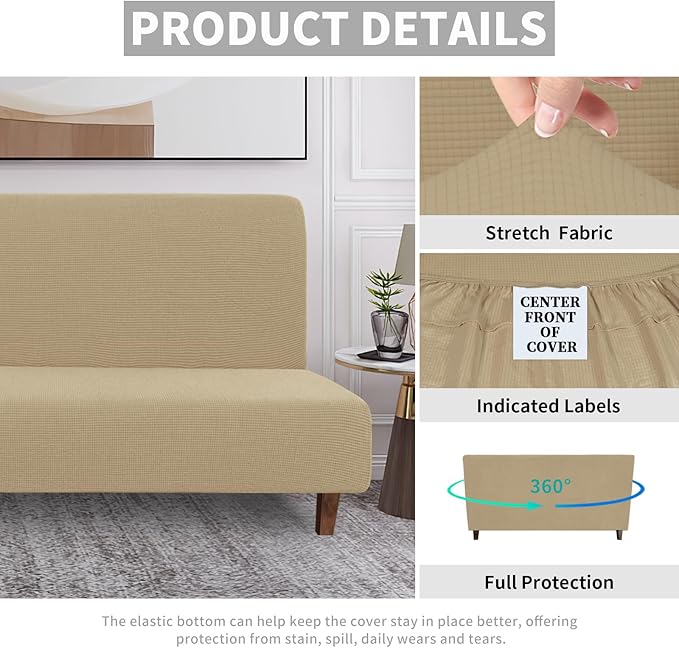 Easy-Going 100% Waterproof Futon Cover, Dual Waterproof Couch Cover for Futon, Stretch Jacquard Sofa Cover, Leakproof Furniture Protector for Kids, Pets, Dog and Cat (Medium, Sand)