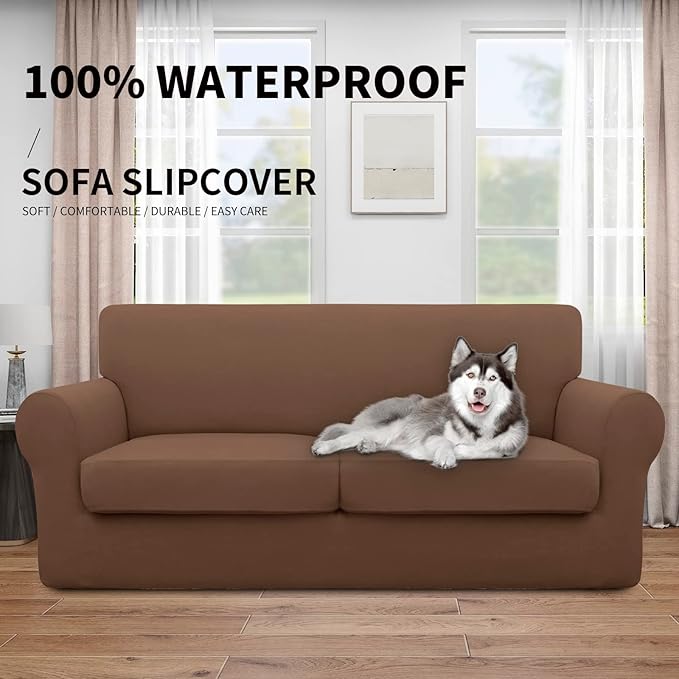 Easy-Going 100% Dual Waterproof 3 Pieces Oversized Loveseat Cover Stretch Soft Couch Cover for Dogs, Sofa Slipcover for 2 Separate Cushion Couch Leakproof Furniture Protector for Kids, Pets Brown