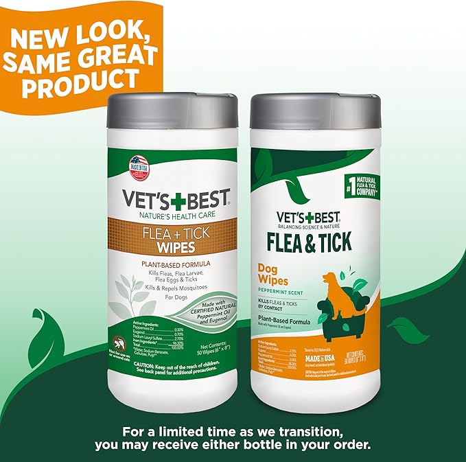Vet's Best Natural Flea and Tick Wipes for Dogs – Natural Plant-Based Wipes for Flea and Tick Prevention – Certified Essential Oils – Pest Control for Kennels and Home Use – Made in USA – 50 Count