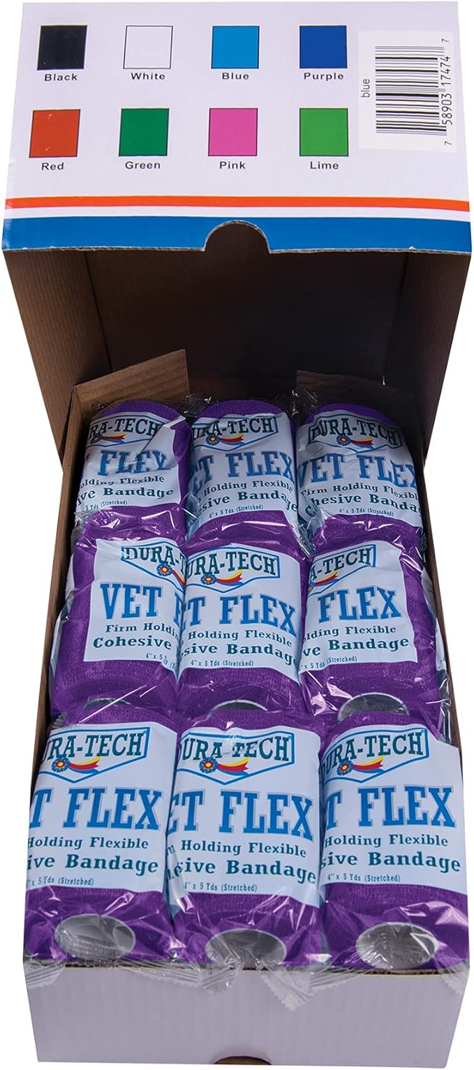 Dura-Tech Vet Flex Purple Bandage First Aid Wrap | for Horses, Dogs and Others | Self-Adhesive Cohesive Tape | 4” Wide and 5 Yards of Length | Package of 18 Rolls
