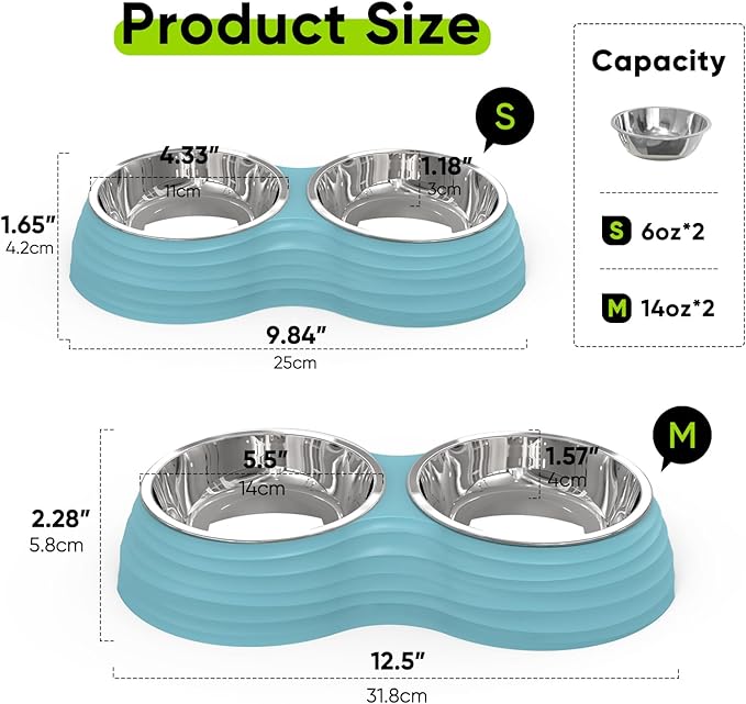 Stainless Steel Dog Bowls Set, Double Food & Water Bowls for Dogs, Dual Dog Food Bowl with 2 Small (6oz*2) Bowl, Non-Slip Pet Bowls Suitable for Puppies, Kittens and Small Breed Dogs (Blue)