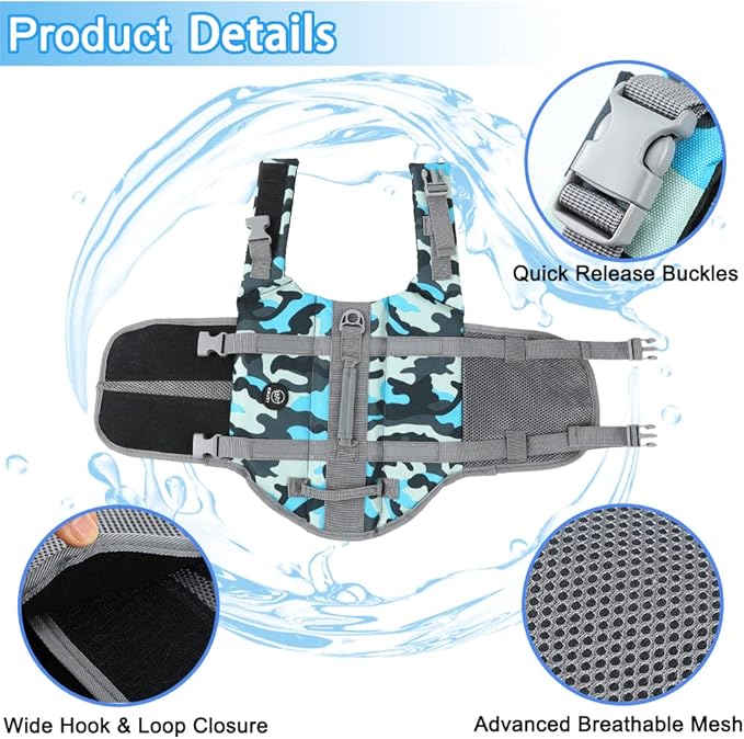 EMUST Dog Life Jackets, Dog Life Vests for Swimming, Beach Boating with High Buoyancy, Dogs Flotation Vest for Small/Medium/Large Dogs, S, NewBlueCamouflage
