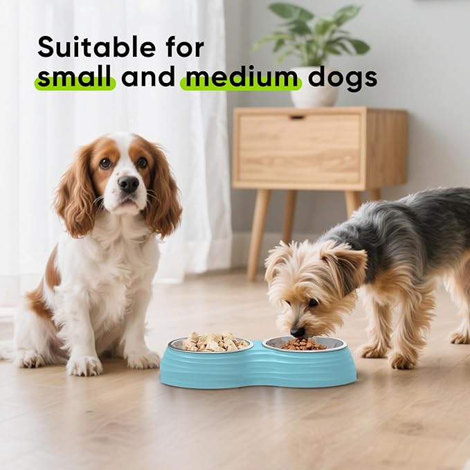 Stainless Steel Dog Bowls Set, Double Food & Water Bowls for Dogs, Dual Dog Food Bowl with 2 Medium (14oz*2) Bowl, Non-Slip Pet Bowls Suitable for Puppies, Cats and Medium Breed Dogs (Blue)