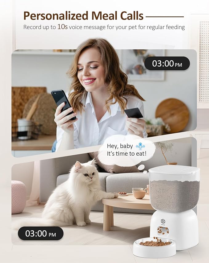 Automatic Cat Feeder with 3L Dry Cat Food Dispenser and 2L Water Fountain, Timed Dog Feeder with Portion Control and Daily Meals, Wire/Battery Automatic Feeders in White