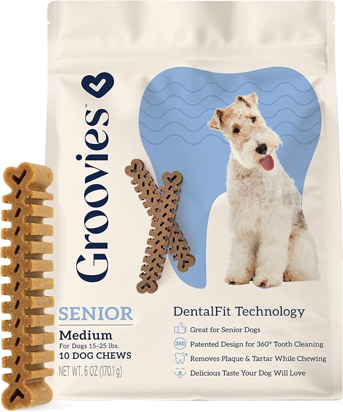 Groovies Gentle & Flexible Senior Dog Dental Chews, Contact-Cleaning Design Supporting Tartar Control & Fresh Breath, Oral Care Treats, USA Manufactured, Patented DentalFit Tech, Medium Dogs, 10 Chews