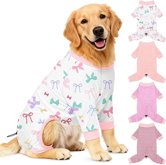 Bienbee Dog Pajamas, 4 Pack Dog Recovery Suit Shedding Suit Cute Soft Puppy Clothes Dogs Pjs Onesies Jammies Adjustable Breathable & Stretchy Clothes for Small Medium Large Dogs Girl Boy Puppy-2XL