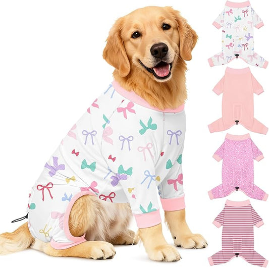 Bienbee Dog Pajamas, 4 Pack Dog Recovery Suit Shedding Suit Cute Soft Puppy Clothes Dogs Pjs Onesies Jammies Adjustable Breathable & Stretchy Clothes for Small Medium Large Dogs Girl Boy Puppy-2XL