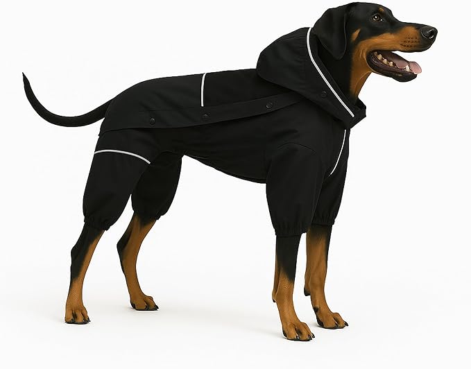 LOVELONGLONG Waterproof Dog Raincoat with Removable Hood – Outdoor Full Body Dog Jacket, Windproof Snowproof Shell Suit – All Season Pet Rain Gear Black S