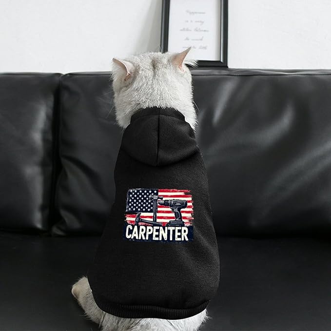 Dog Sweater Hoodie with Hat America Carpenter Tools Drill and Hammer Puppies Coat Hooded Sweatshirt Pullover Pet Puppy Cat Clothes for Small Medium Large XS