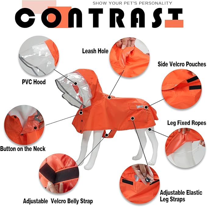 Dog Raincoat,Waterproof Rain Poncho with Hoodie, High Reflective Adjustable Pet Rain Jacket with Leash Hole for Small Medium and Large Dogs (Orange, X-Small: 4-9lbs)