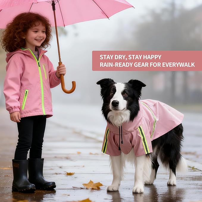 Dog Raincoat, Waterproof Windproof Dog Rain Jacket Adjustable, Rain Coat with Leash Hole, Reflective Strap Raincoat Poncho for Small Medium Large Dogs Outdoor (Reflection-Pink, XL)