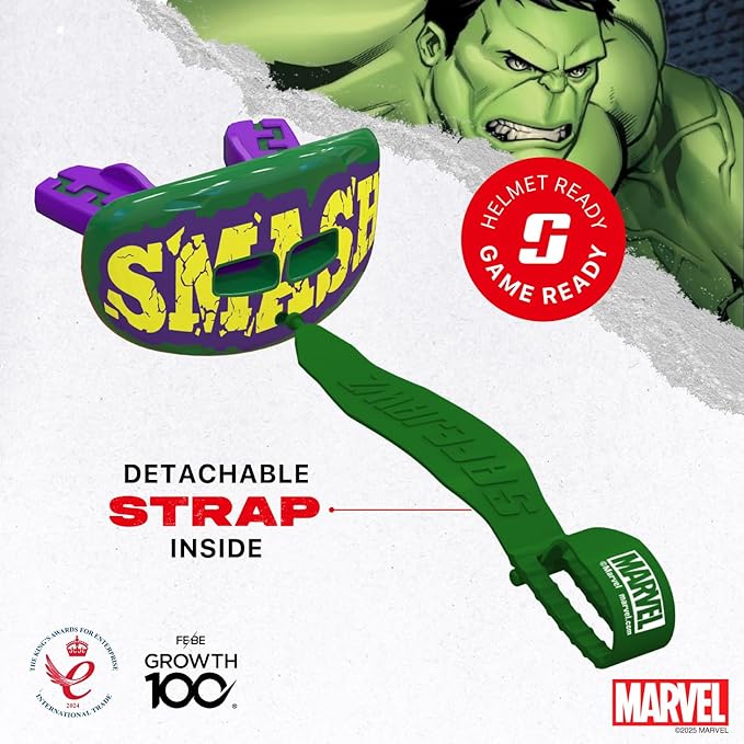 Marvel The Hulk Football Mouth Guard with Detachable Strap, Lip Protector Adults and Junior, Football & Lacrosse (One Size, Green)