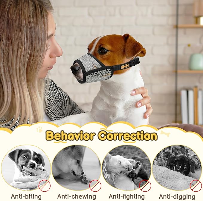 Mayerzon Dog Muzzle for Biting, Patented Soft Breathable Mesh Muzzle for Small Medium Dogs Chihuahua Dachshund Poodle, Adjustable Mouth Cover for Grooming, Chewing, Vet Visits (Black Trim, XS)