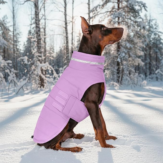 Mklhgty Waterproof Dog Coat for Medium Dogs, Warm Dog Winter Jacket, Reflective Windproof Turtleneck Dog Cold Weather Coats with Adjustable Hook & Loop - Lilac - M