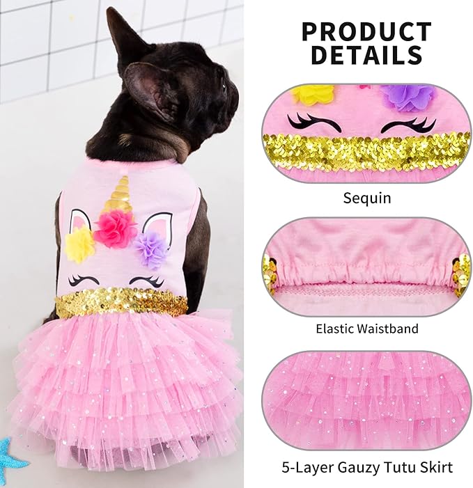 KYEESE Dog Dress Unicorn Tiered Layer Tutu Tulle Dogs Birthday Party Dresses with Sequins Cat Dress Dog Clothes