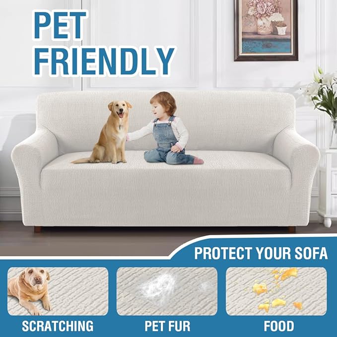 H.VERSAILTEX Jacquard Sofa Cover 1 Piece Stretch Sofa Slipcovers Non Slip Sofa Cover with Elastic Bottom Washable Furniture Protector for Kids, Pets Crizzle Pattern(Sofa, Pale Oak)