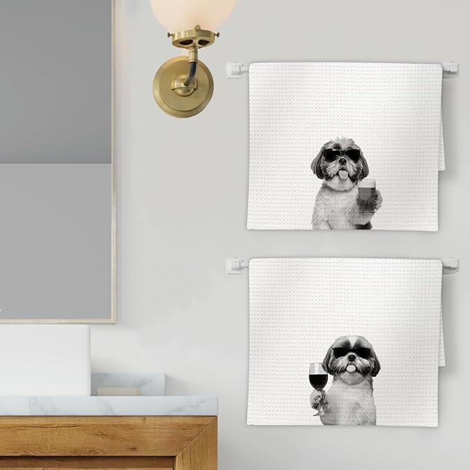 Shih Tzu Gifts Wine Kitchen Towels Set of 2, Gifts for Shih Tzu Dog Wine Lovers Decorative Hand Dish Towel for Kitchen Home Bar, Funny Shihtzu Beer Lover Home Bar Cart Decor(16x24 Inch)