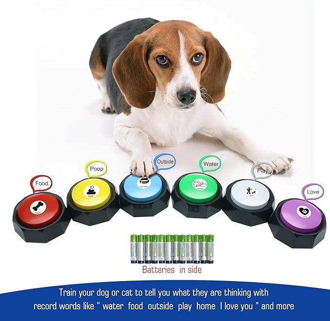 Recordable Buttons, Dog Training and Communication Buttons, Pack of 6, 30 Seconds Recording, 30 Scene 15 Custom Stickers, 6 Pairs Non-Slip Stickers, Sound Quality is Clearly (Batteries Included)