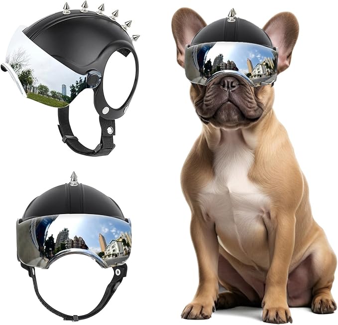 PETLESO Small Dog Helmet, Pet Motorcycle Helmet with Ear Holes, Adjustable Pet Safety Hat with Flip-Up Silver Visor, Small-Medium Puppy Heads Protection, Spiked