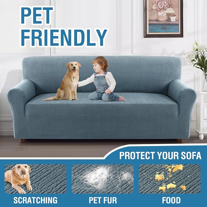 H.VERSAILTEX Stretch Jacquard Couch Cover 1 Piece Soft Sofa Covers Furniture Protector with Elastic Bottom Anti-Slip Thickened Dogs Slipcovers Washable Crizzle Pattern(Sofa, Stone Blue)