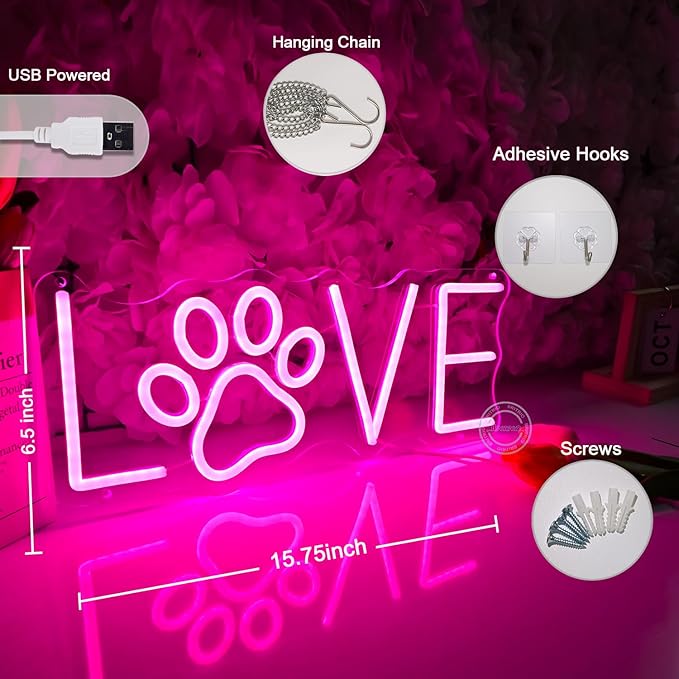 Britrio Pink Love LED Neon Light Sign Dog Paw Neon Sign Wall Decor for Pet Room Dog Cat Lover Girl Bedroom Wife Women Birthday Wedding Gift Living Room Home Decor Neon Night Light USB Powered 15.75”