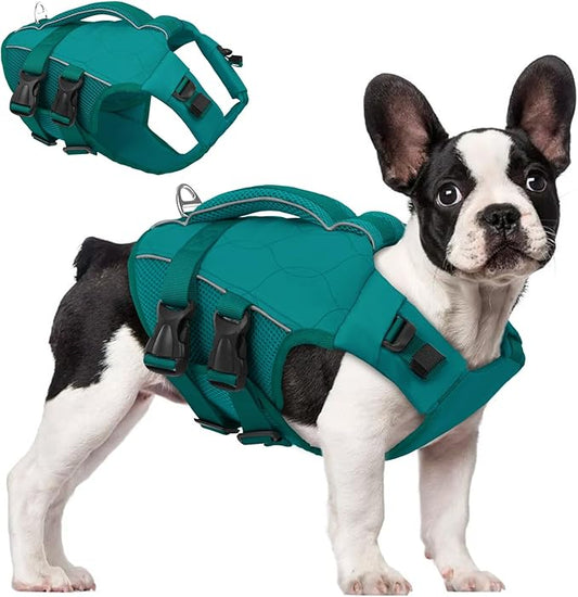 ASENKU Dog Life Jacket, High Floatation Dog Swimming Vest with Rescue Handles for Small Medium Large Dogs, Pet Safety Swimsuit Preserver for Pool Beach Boating (LakeGreen, S)