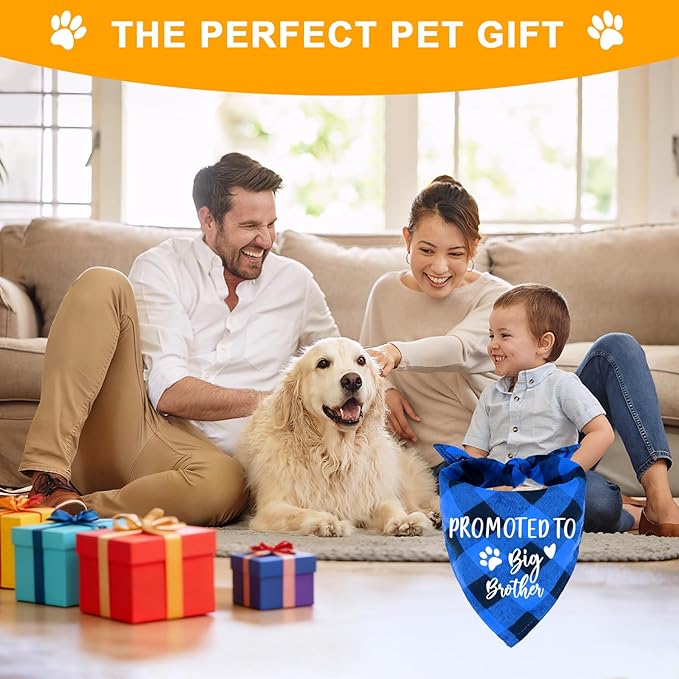 Family Kitchen Promoted to Big Brother Blue Plaid Dog Bandana, Gender Reveal Photo Prop Triangle Pet Scarf Scarves Decorations Accessories, Pet Scarves Dog Lovers Gift